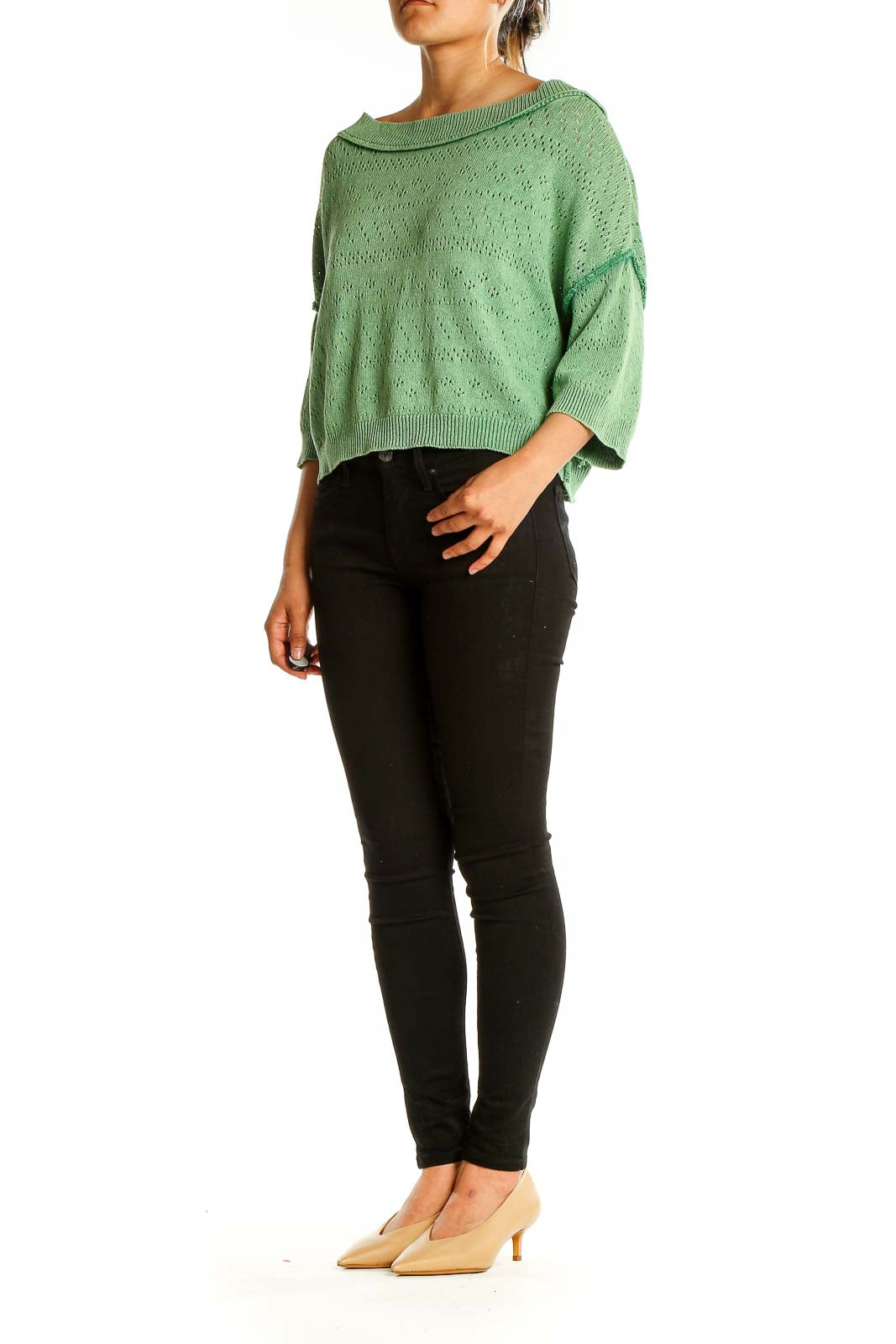 Front view of green crochet knit off-shoulder top from Free People