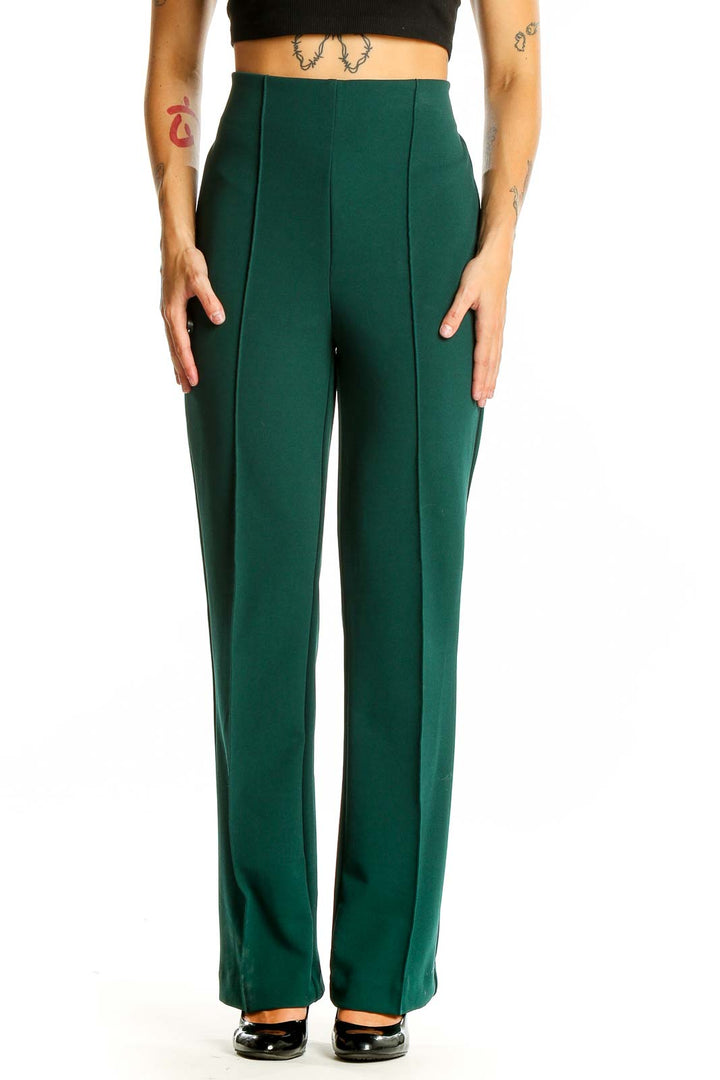 Green Straight Solid Pants