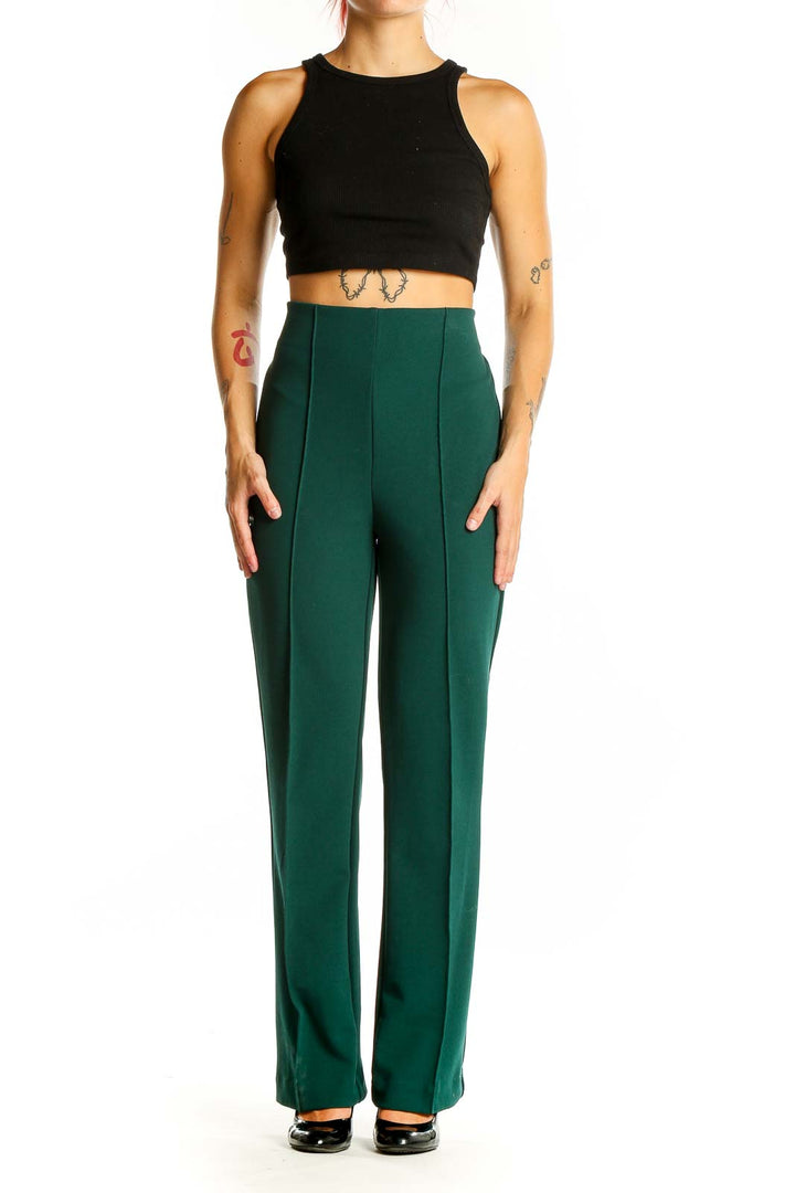 Green Straight Solid Pants