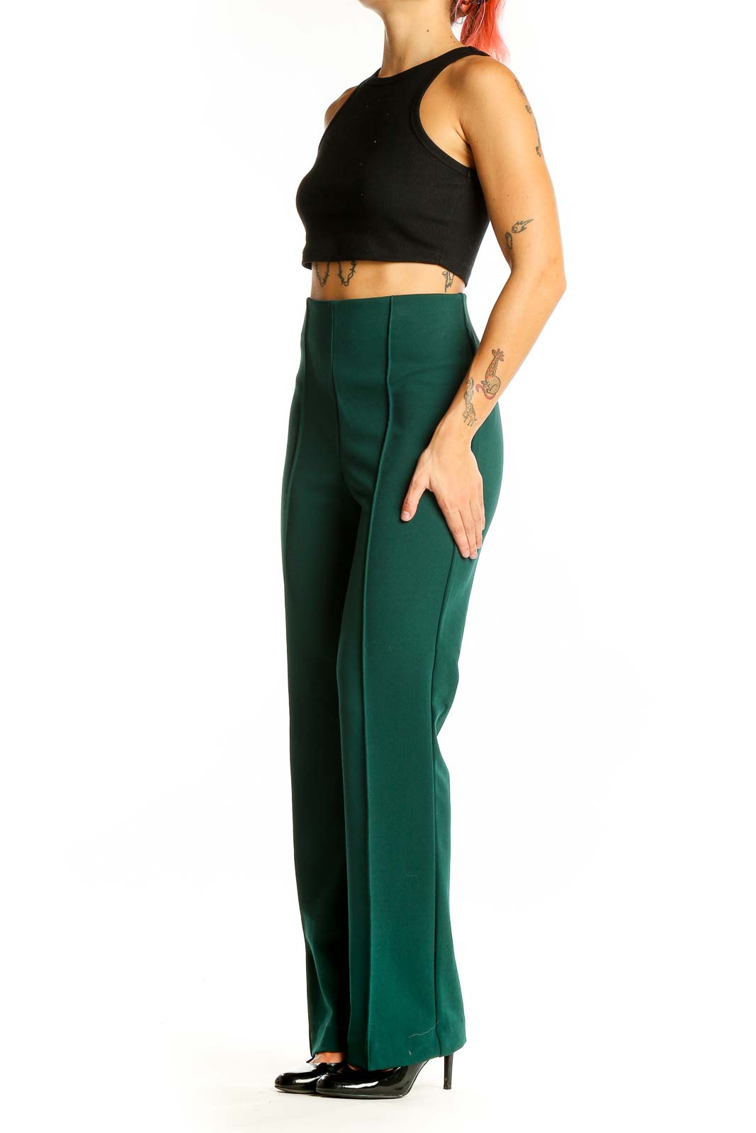 Green Straight Solid Pants