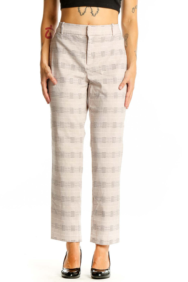 Front view of Lord & Taylor beige textured straight-leg trousers