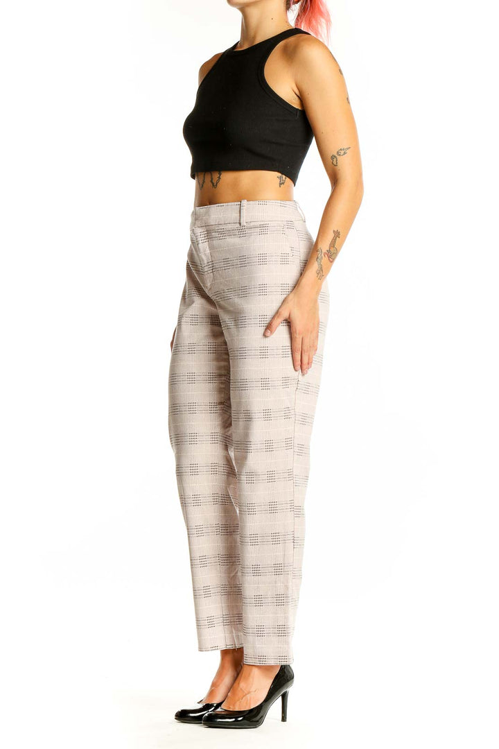 Front view of Lord & Taylor beige textured straight-leg trousers