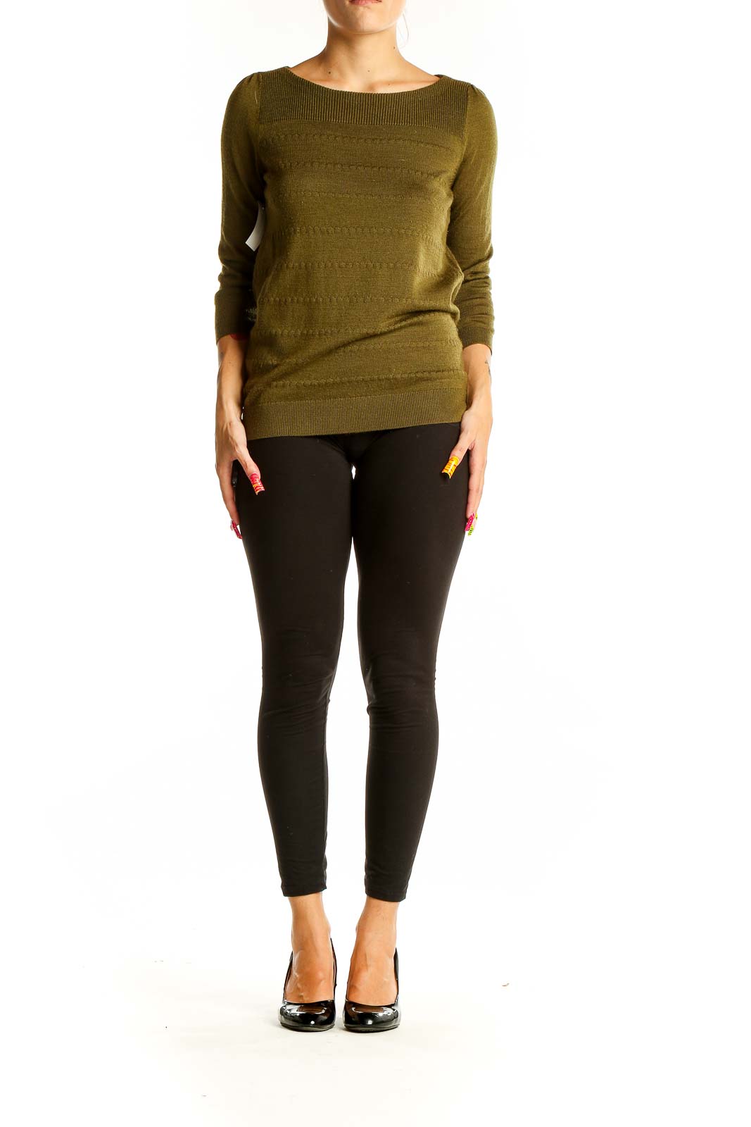 Front view of olive textured knit sweater from LOFT