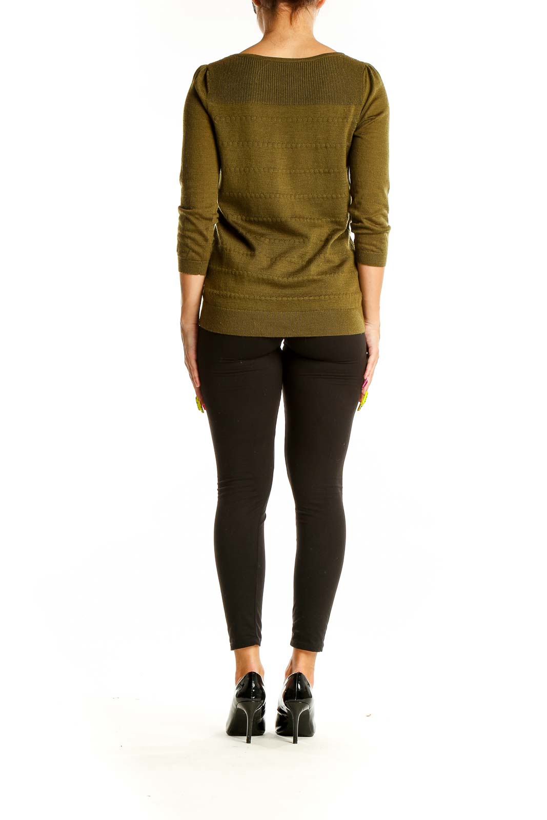 Back view of olive textured knit sweater from LOFT