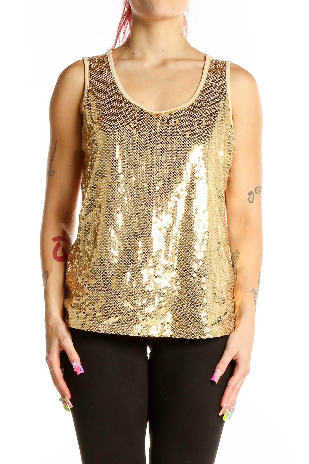 Front view of gold sequin sleeveless tank top by Slinky Brand