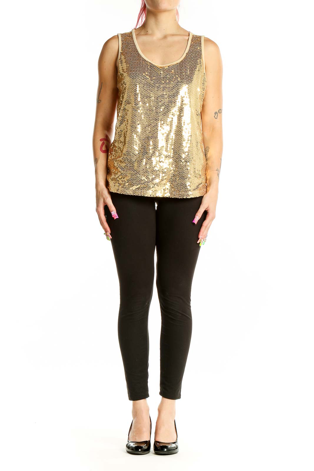 Front view of gold sequin sleeveless tank top by Slinky Brand