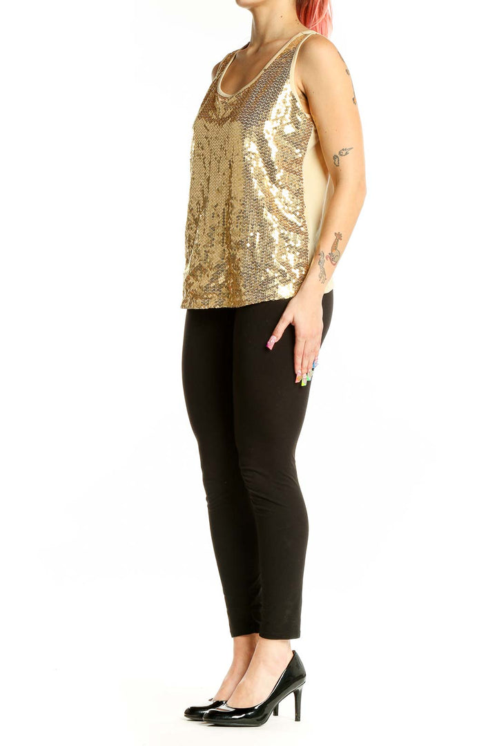 Front view of gold sequin sleeveless tank top by Slinky Brand