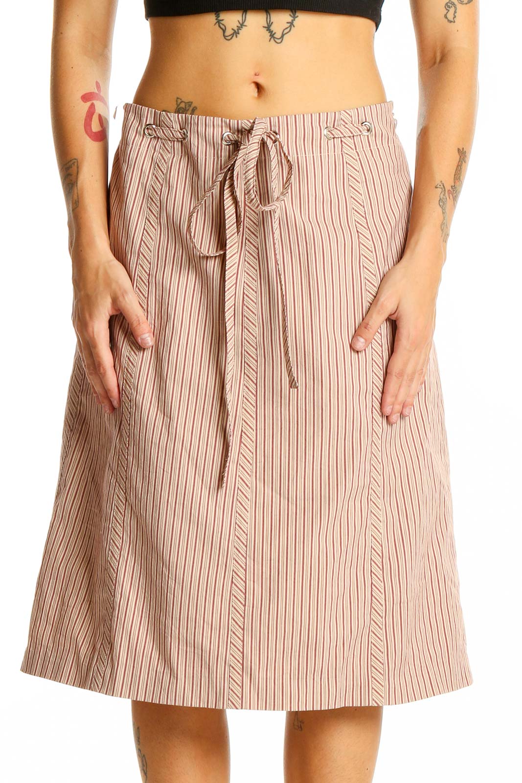 Front view of BCBG MaxAzria beige striped A-line midi skirt with drawstring waist