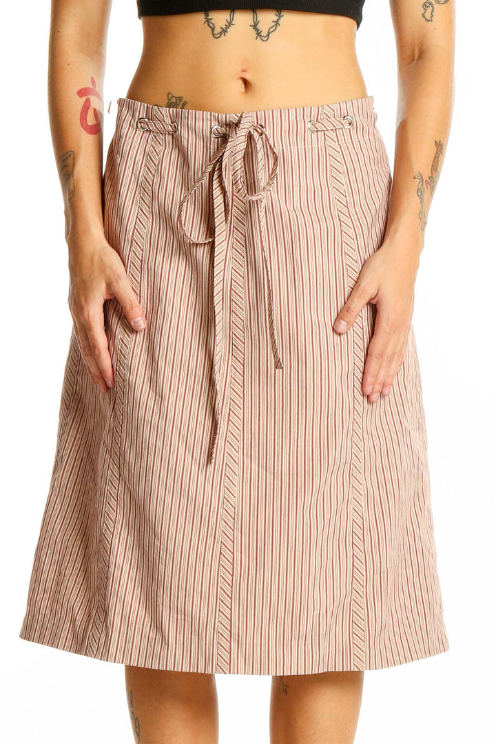 Front view of BCBG MaxAzria beige striped A-line midi skirt with drawstring waist