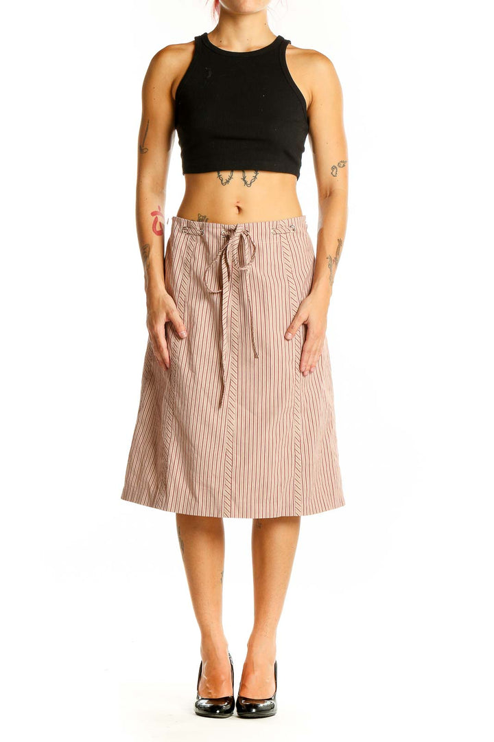 Front view of BCBG MaxAzria beige striped A-line midi skirt with drawstring waist