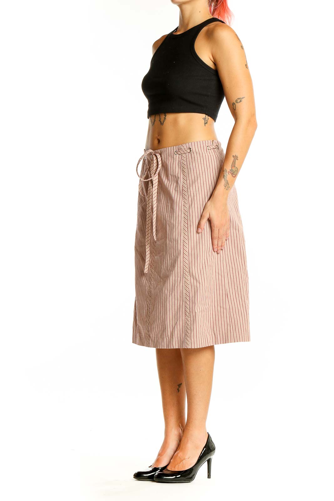 Front view of BCBG MaxAzria beige striped A-line midi skirt with drawstring waist