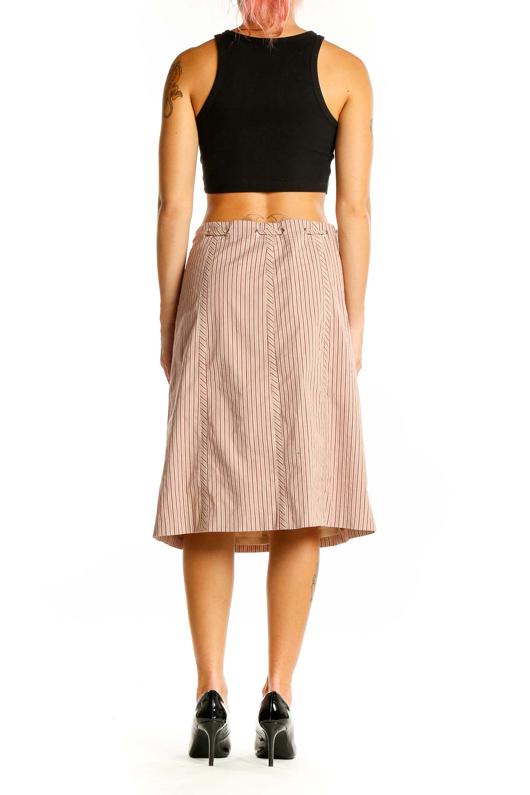 Back view of BCBG MaxAzria beige striped A-line midi skirt showing vertical stripe pattern