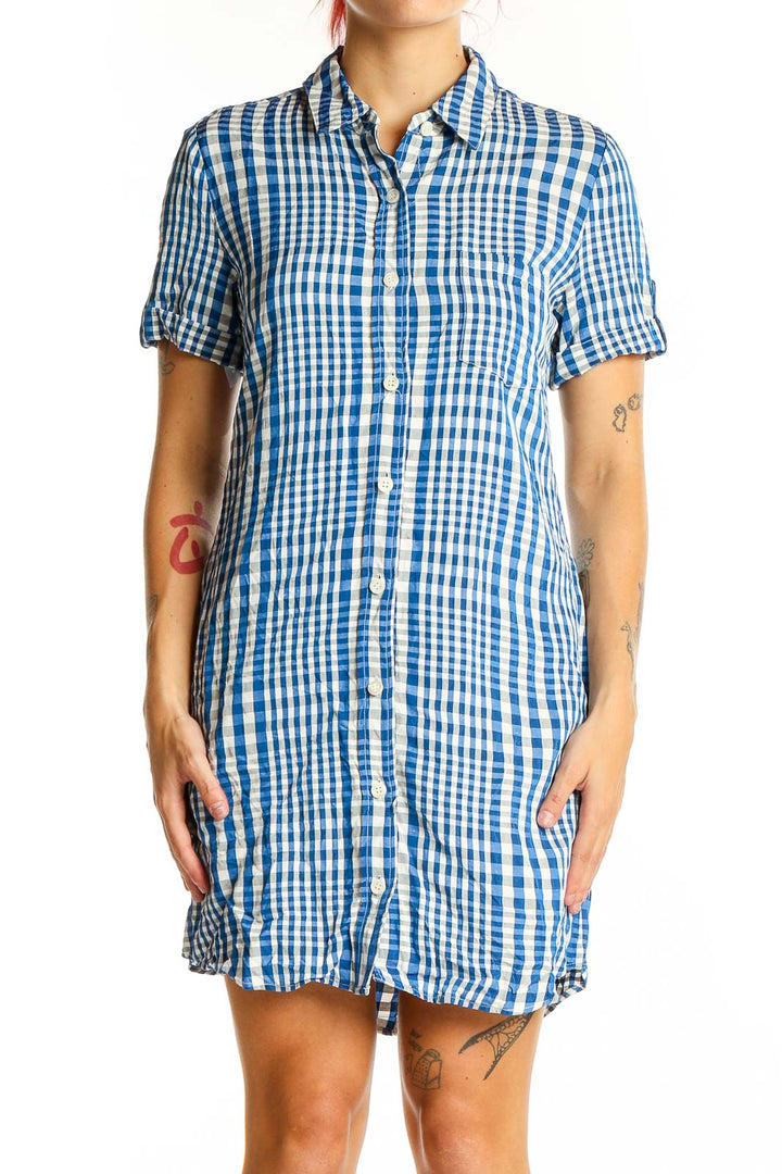 Front view of Theory blue and white gingham shirt dress