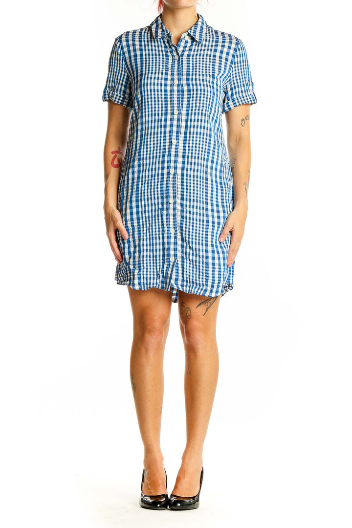 Front view of Theory blue and white gingham shirt dress