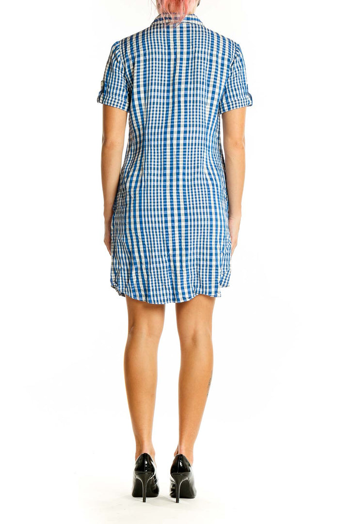 Back view of Theory blue and white gingham shirt dress showing longer hem