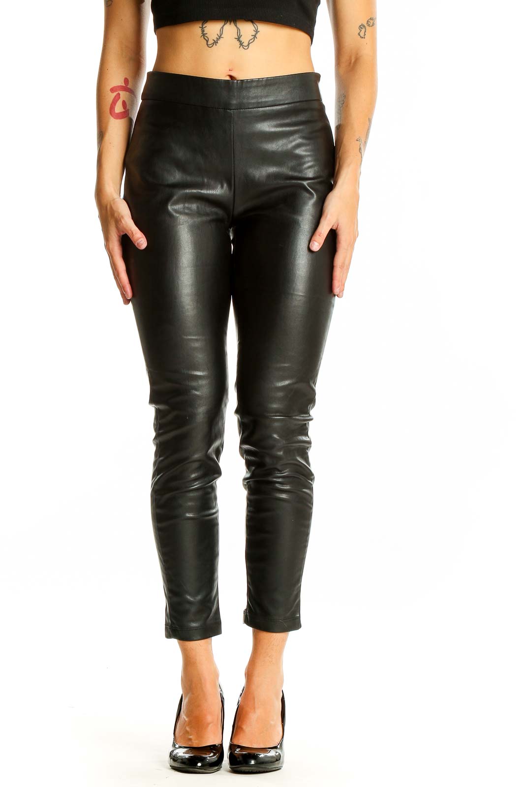 Front view of Ann Taylor black faux leather slim-fit pants