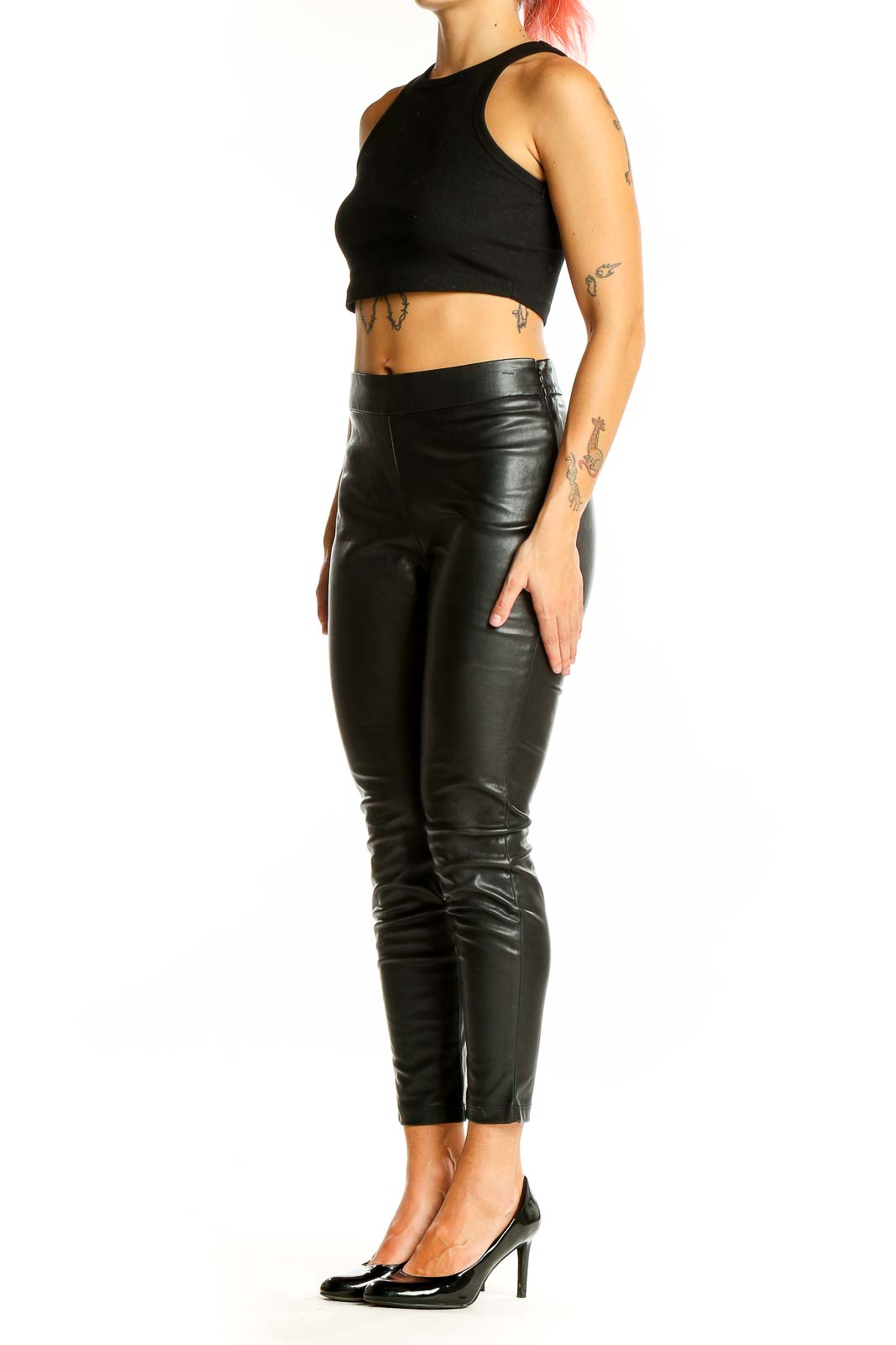 Front view of Ann Taylor black faux leather slim-fit pants