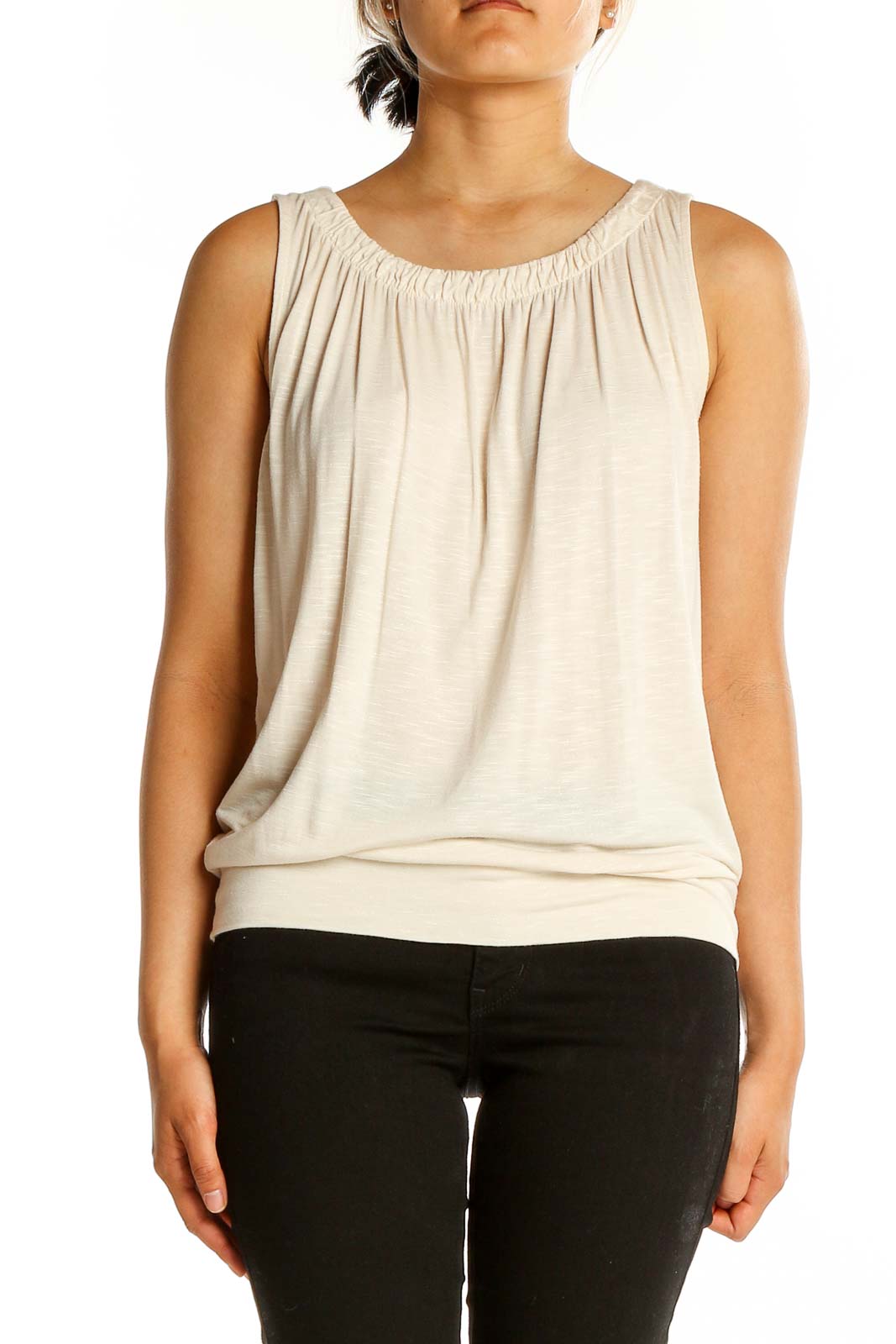 Front view of cream sleeveless gathered neck top from LOFT Outlet