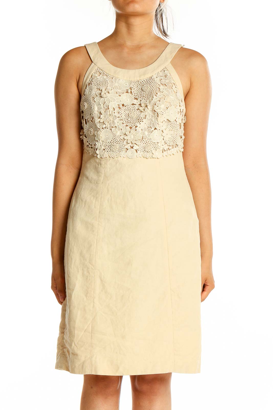 Front view of cream floral lace linen blend dress by 9-H15 SCL by Anthropologie