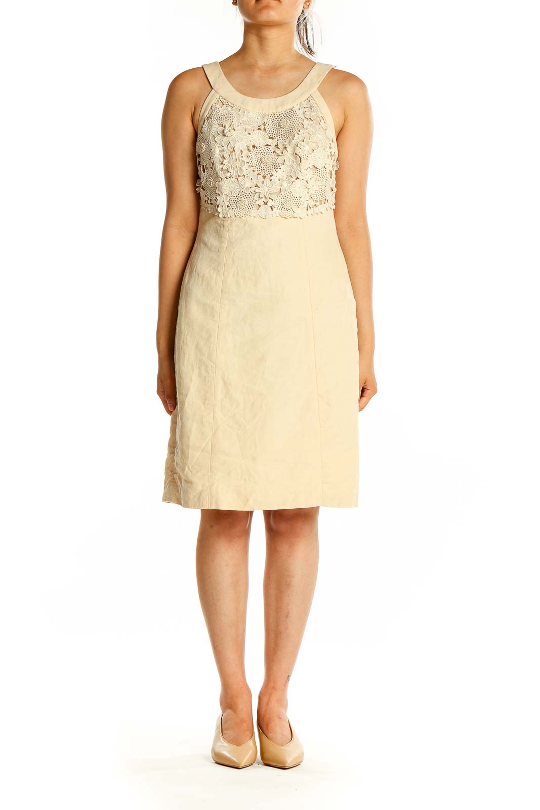 Front view of cream floral lace linen blend dress by 9-H15 SCL by Anthropologie