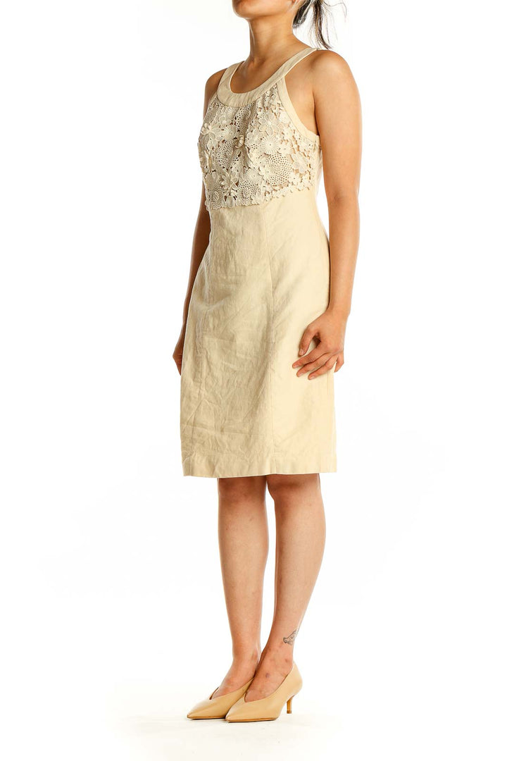 Front view of cream floral lace linen blend dress by 9-H15 SCL by Anthropologie