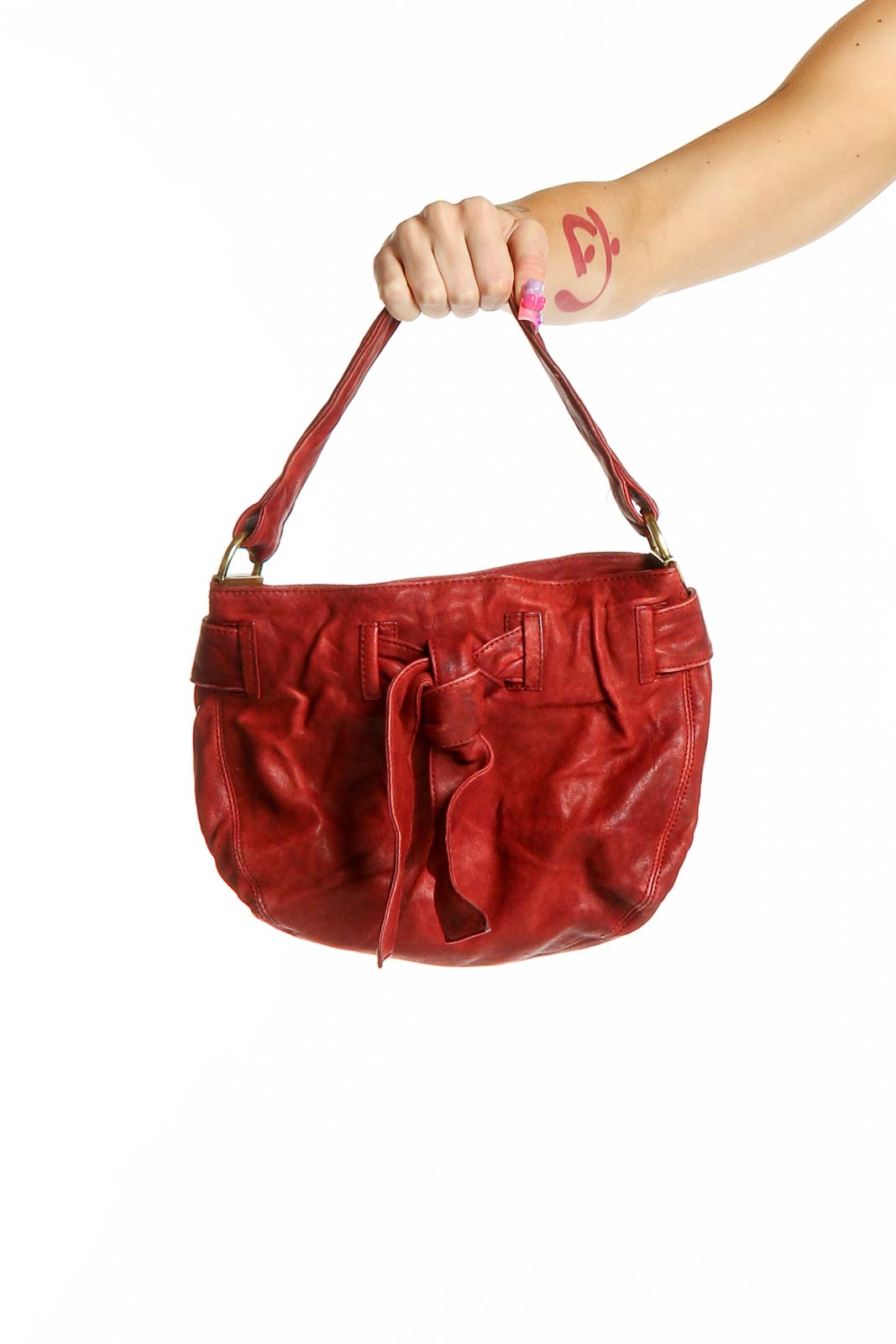 Front view of red leather Kooba hobo shoulder bag with bow detail