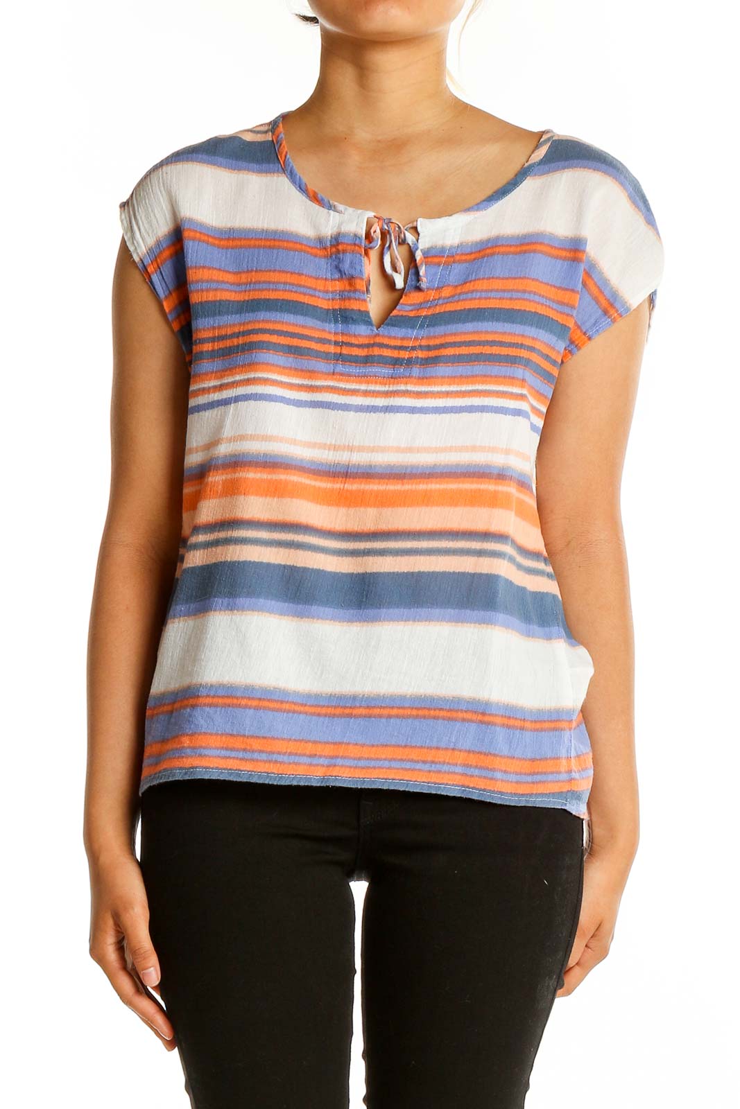 Front view of Splendid blue and orange striped cotton top with tie neckline