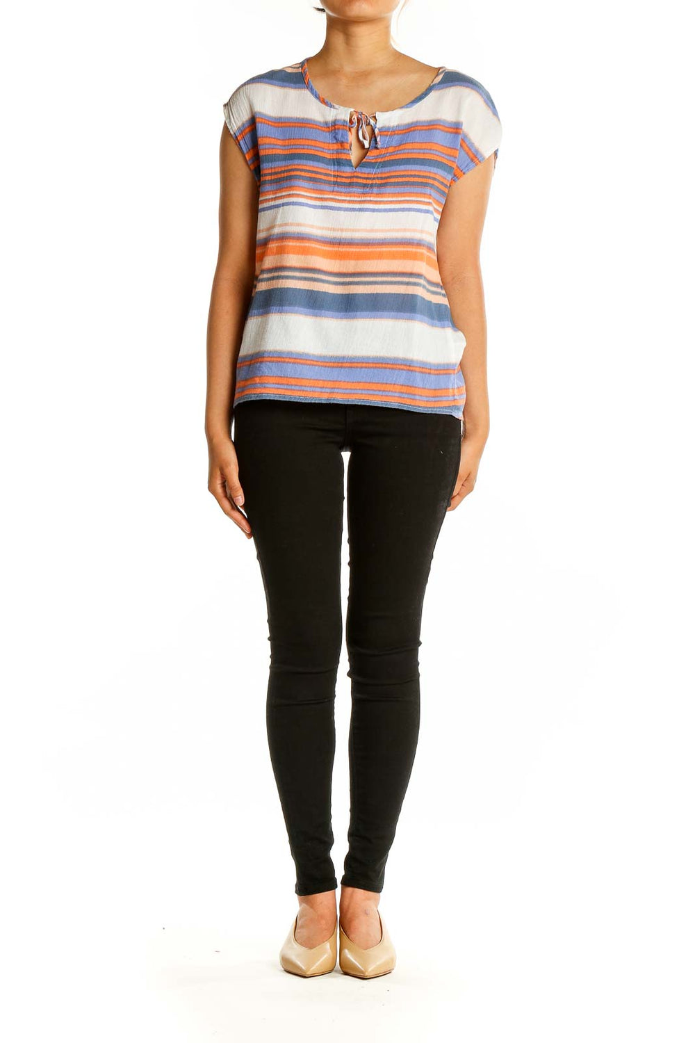 Front view of Splendid blue and orange striped cotton top with tie neckline