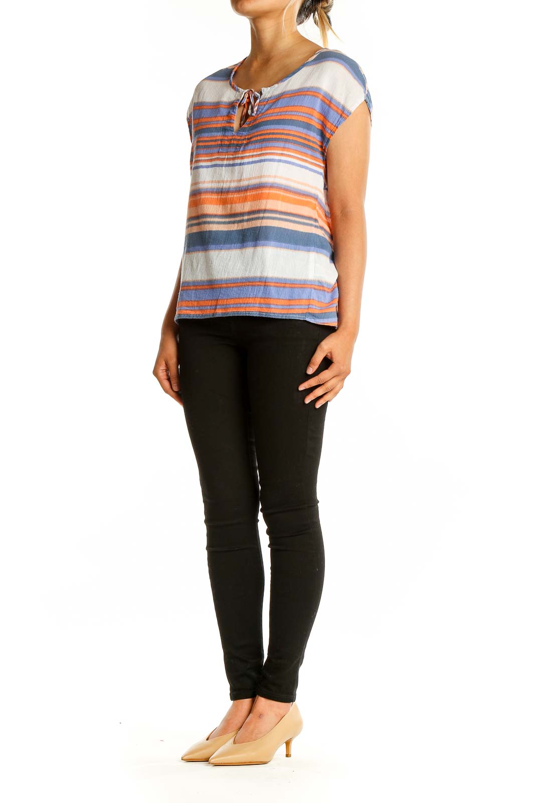 Front view of Splendid blue and orange striped cotton top with tie neckline