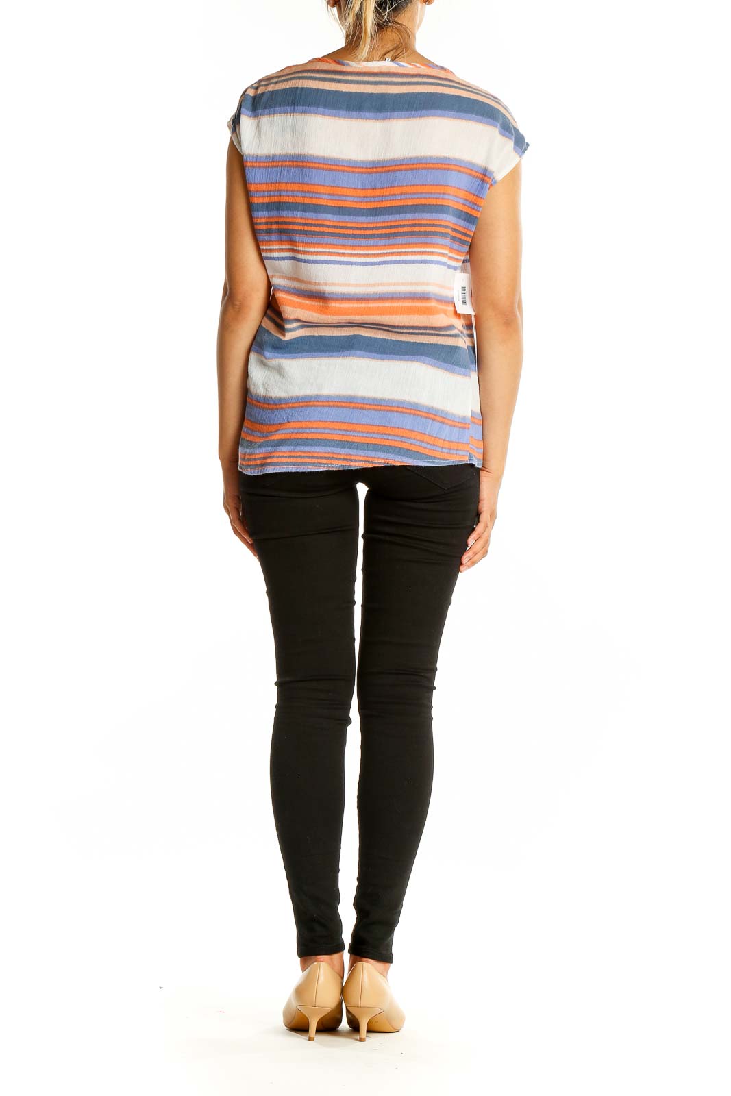 Back view of Splendid blue and orange striped cotton top showing relaxed fit