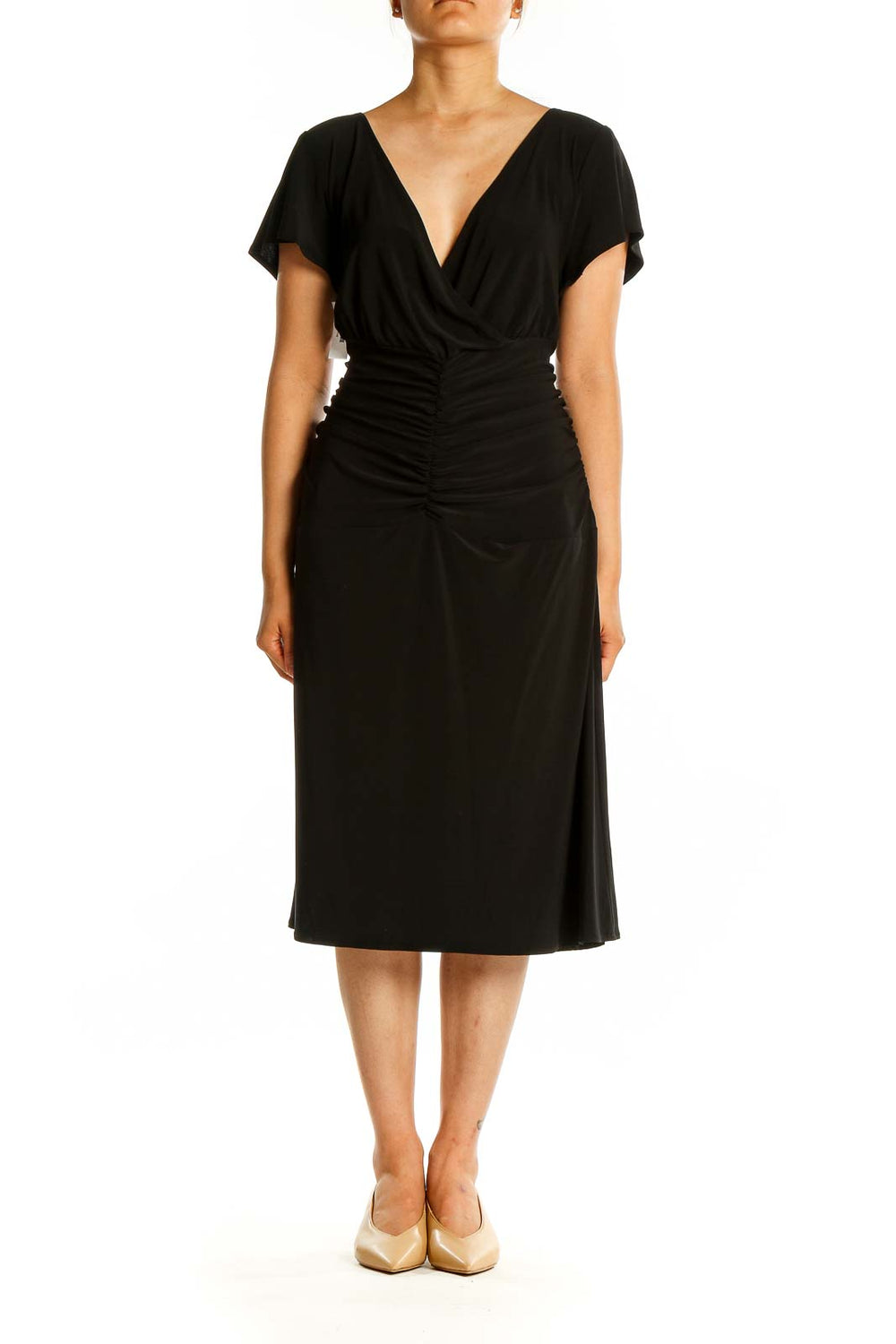 Front view of black Spago midi dress with V-neck and ruched waist