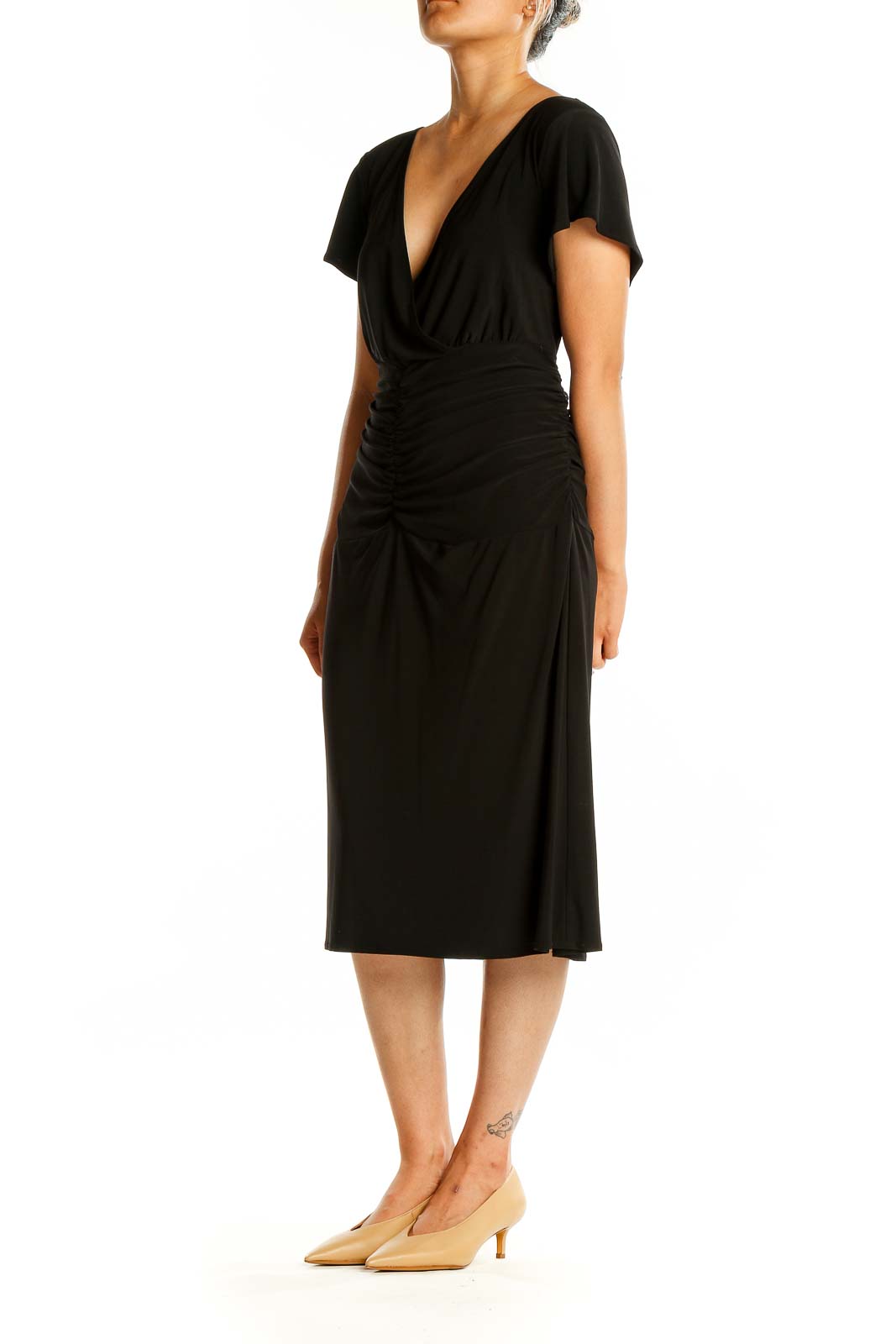 Front view of black Spago midi dress with V-neck and ruched waist