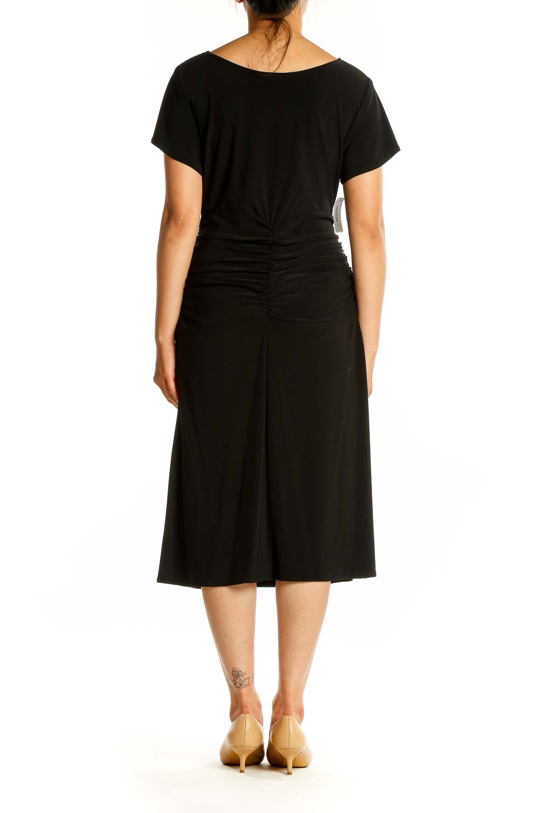 Back view of black Spago midi dress showing ruched detail