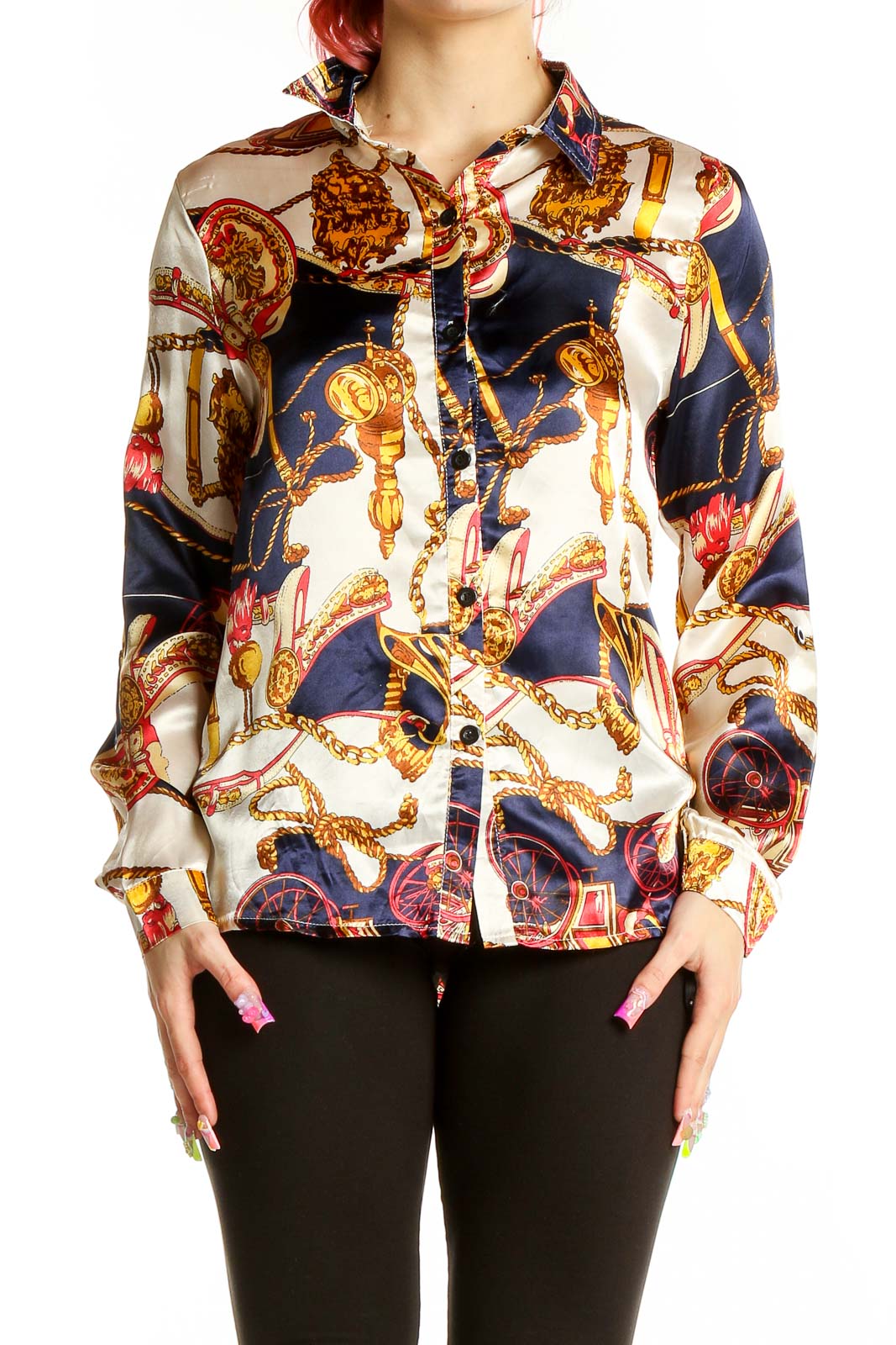 Front view of CBR Navy and Gold Ornate Print Button-Up Shirt on model