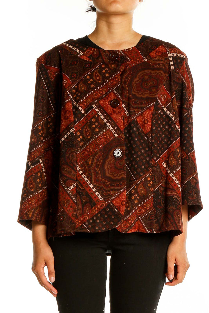 Front view of Brown Paisley Print Swing Jacket by Courtenay