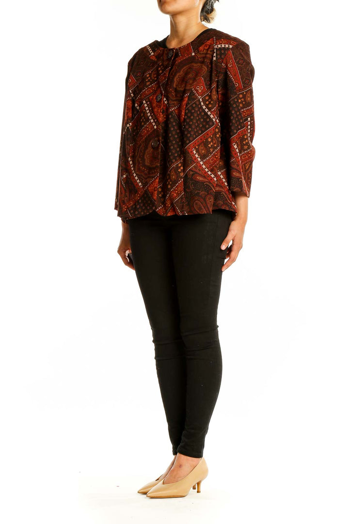 Front view of Brown Paisley Print Swing Jacket by Courtenay