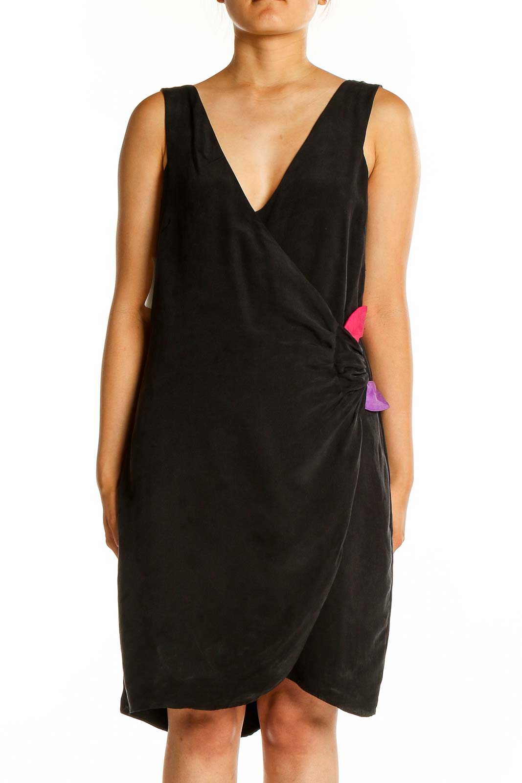 Front view of Madison Marcus black silk wrap dress with colorful side accents