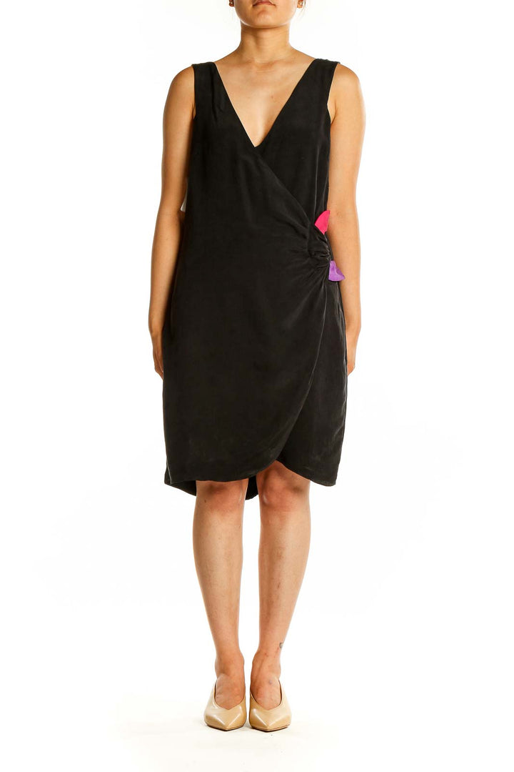 Front view of Madison Marcus black silk wrap dress with colorful side accents