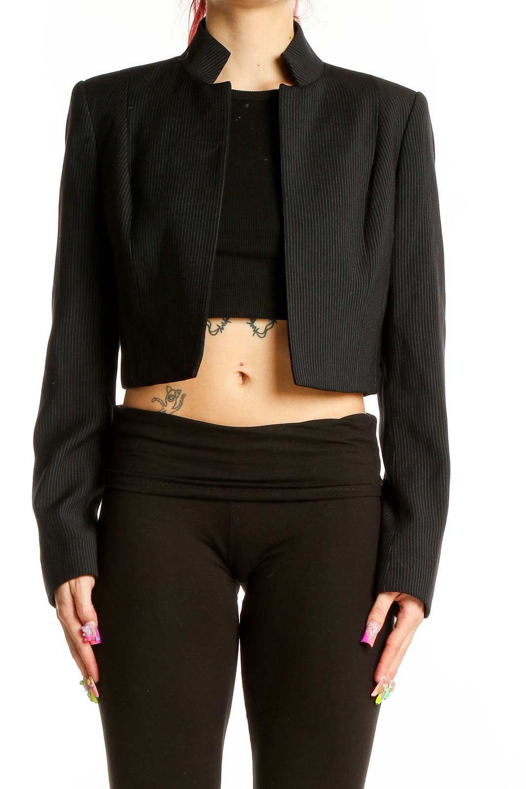 Front view of Anne Klein black cropped pinstripe blazer with stand-up collar