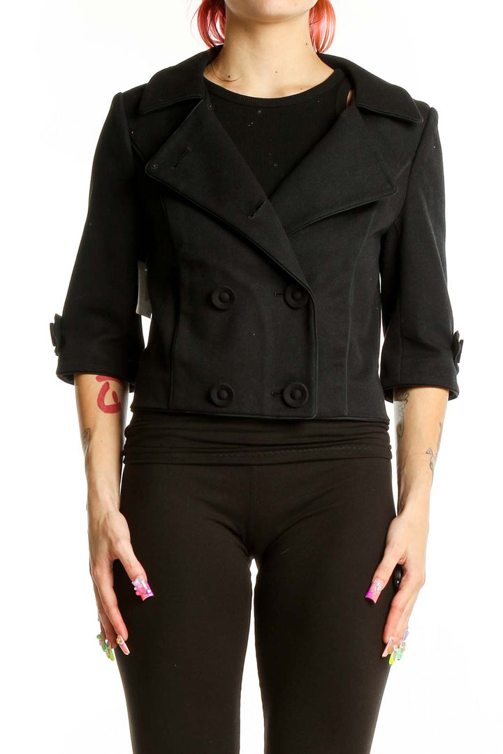 Front view of Vera Wang Lavender Label black double-breasted cropped jacket