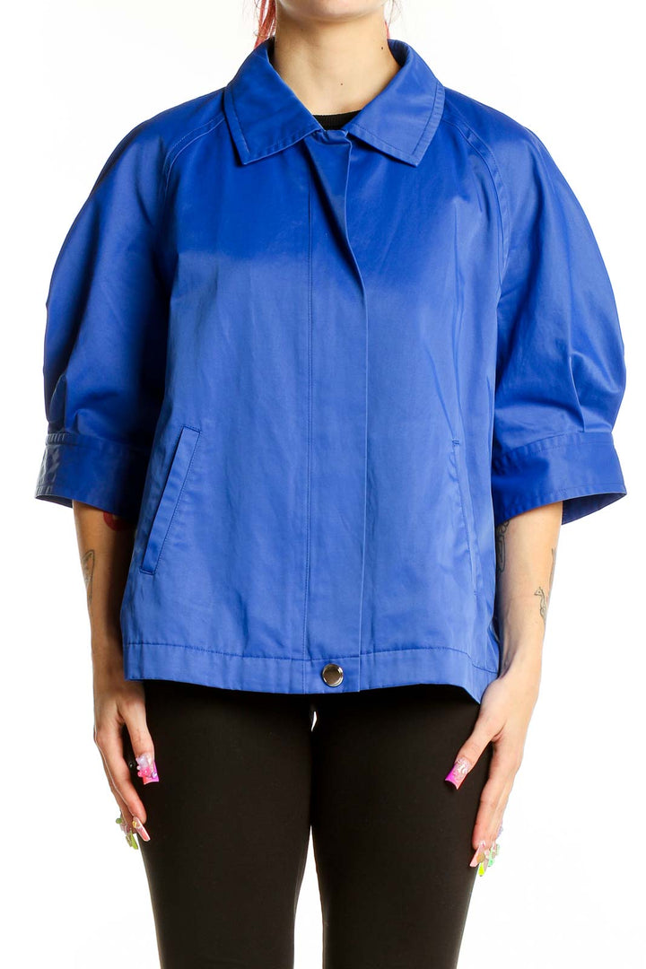 Front view of Anne Klein New York royal blue cropped jacket with 3/4 sleeves