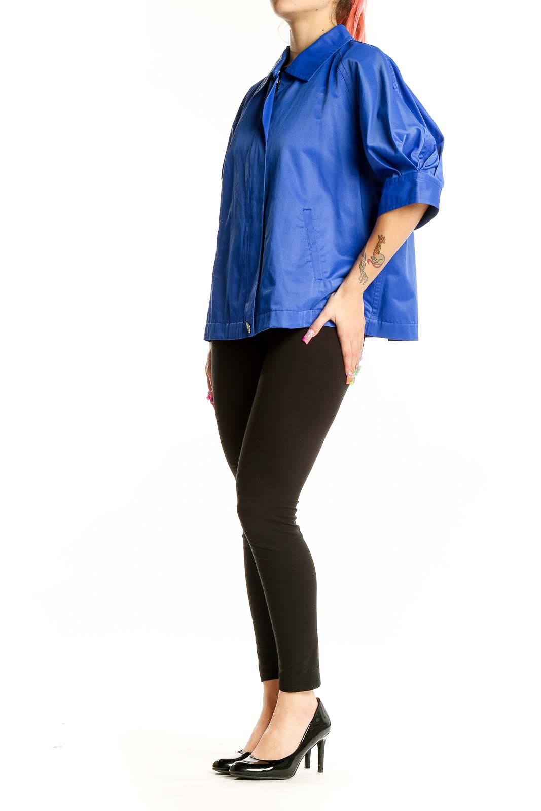 Front view of Anne Klein New York royal blue cropped jacket with 3/4 sleeves