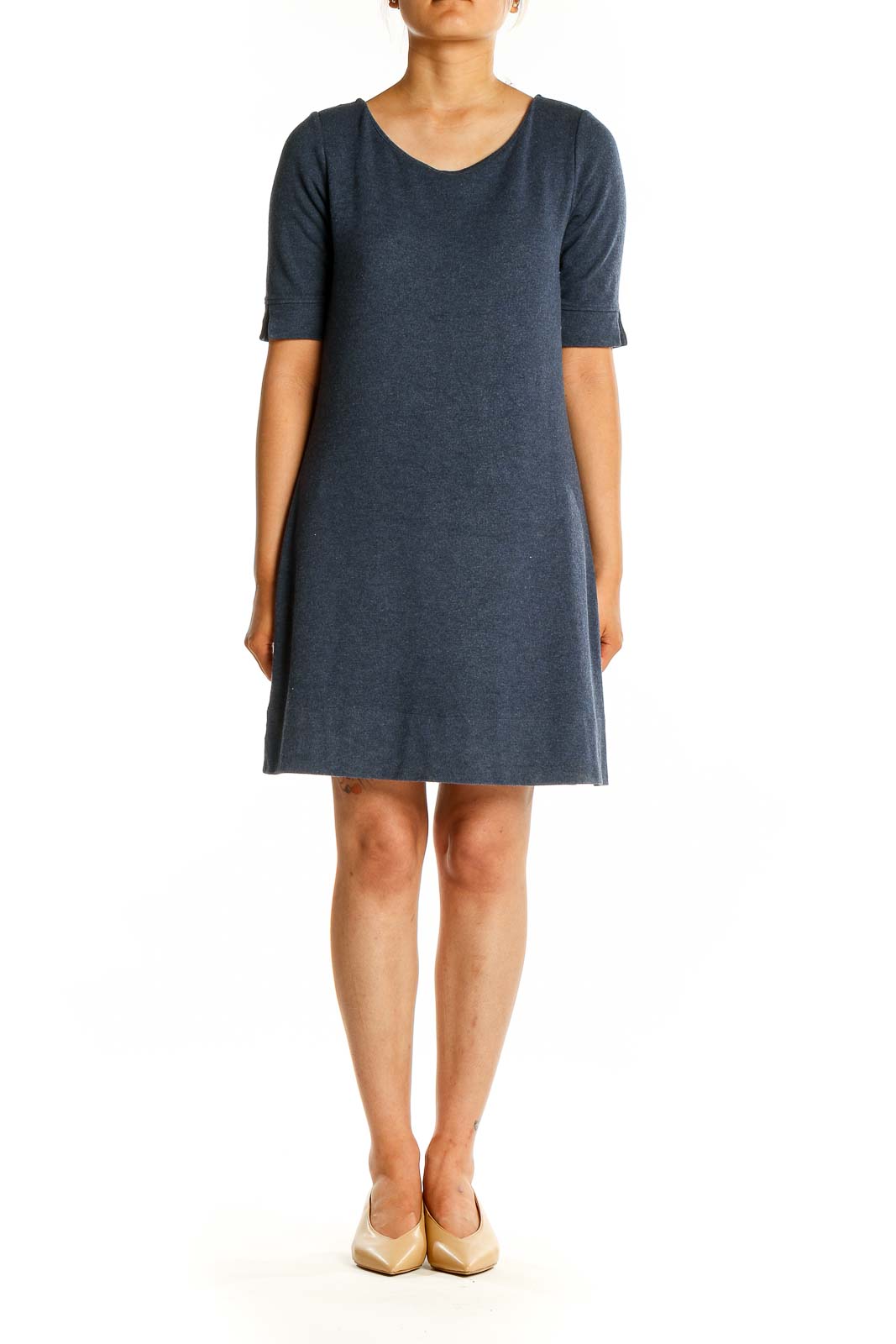 Front view of Adrienne Vittadini navy A-line dress with V-neckline and elbow-length sleeves