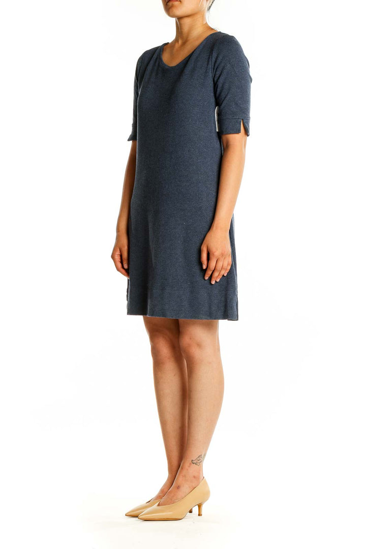 Front view of Adrienne Vittadini navy A-line dress with V-neckline and elbow-length sleeves