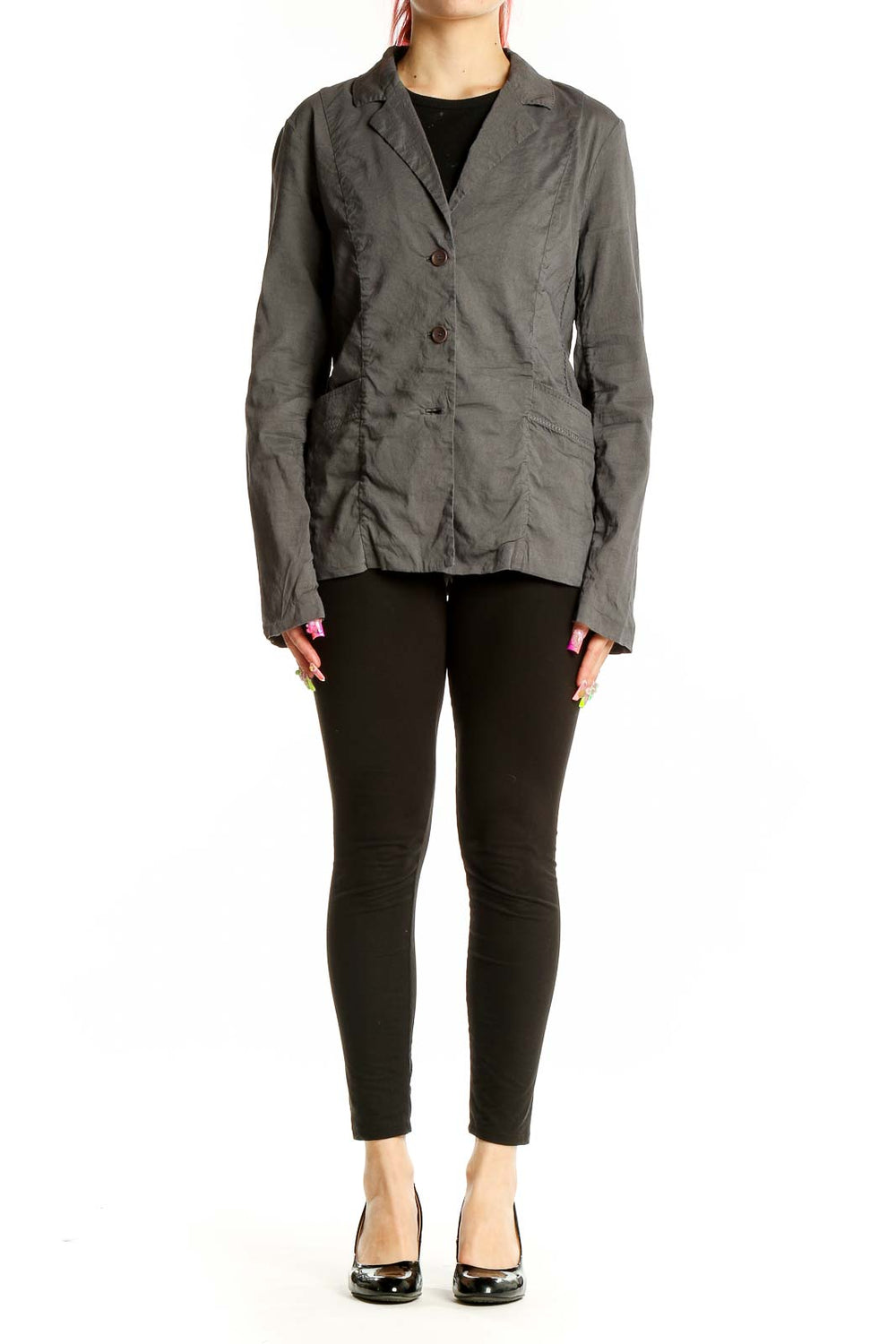 Front view of Eileen Fisher olive linen blend blazer with three-button closure