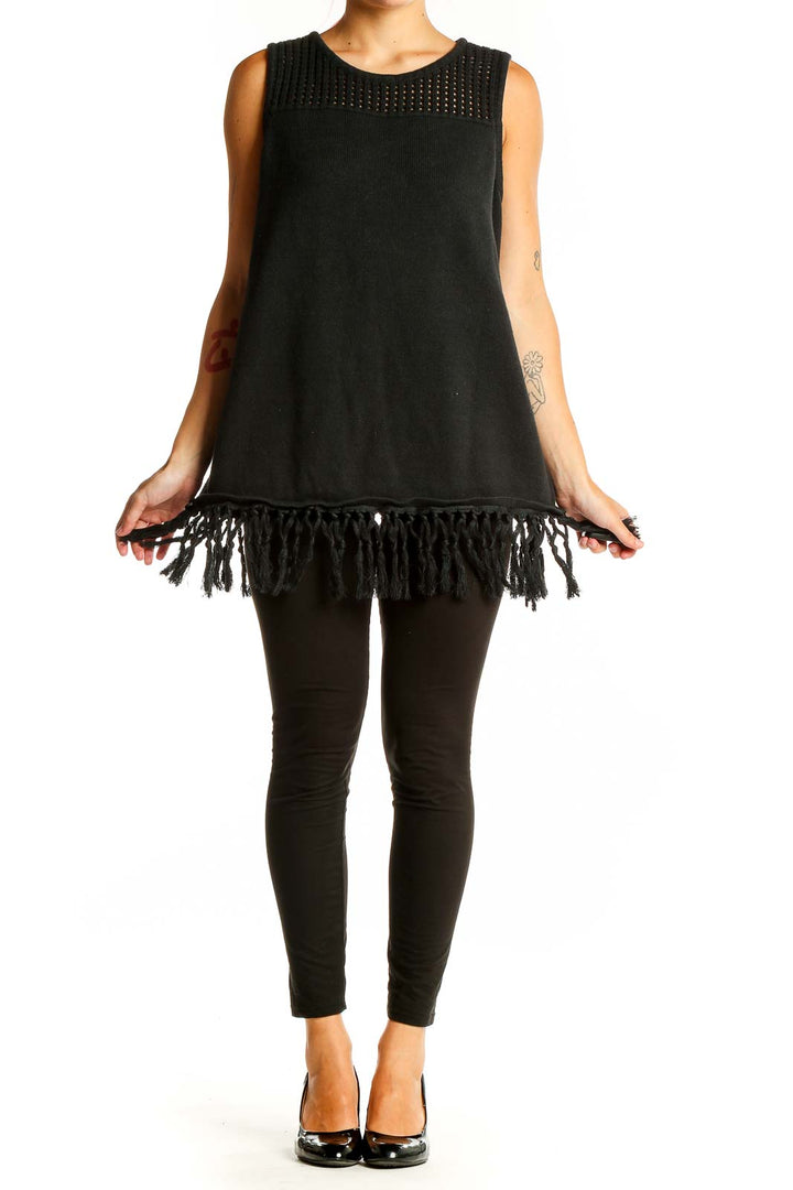 Front view of Jason Wu black sleeveless knit top with fringe hem and open-knit yoke