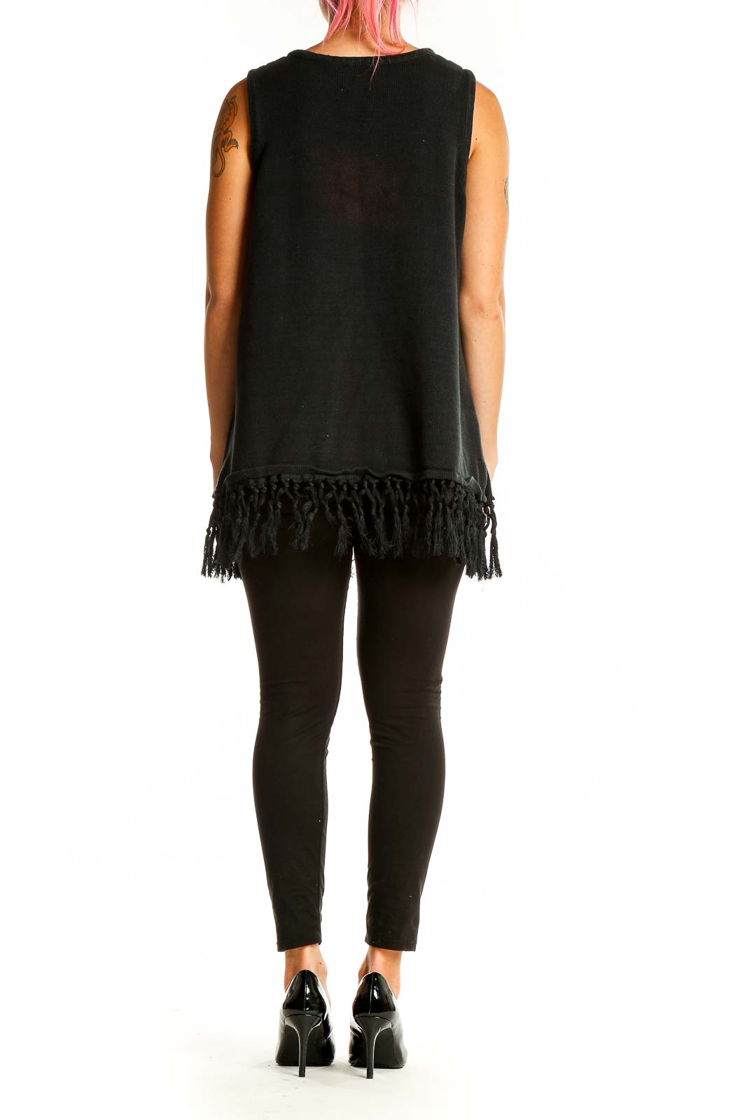 Back view of Jason Wu black sleeveless knit top showing fringe hem detail