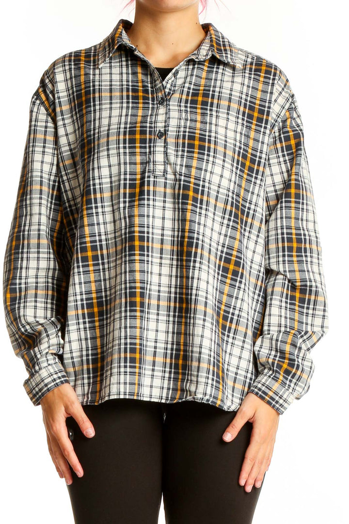 Front view of The North Face white and yellow plaid cotton shirt