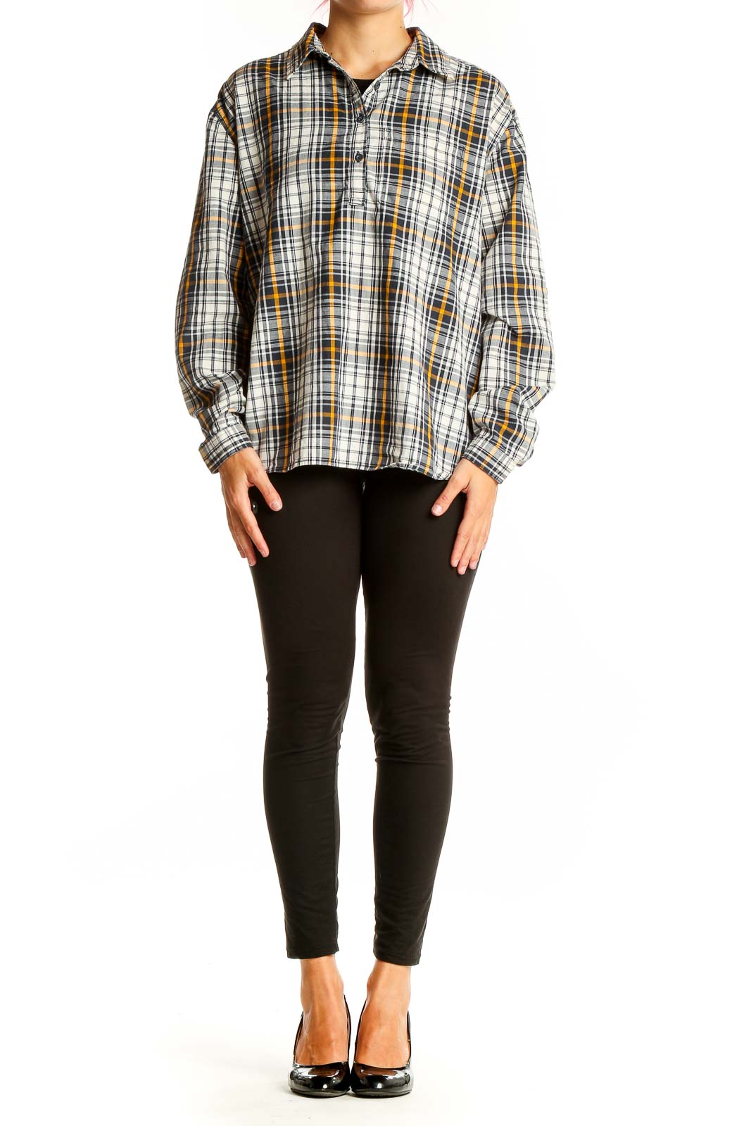 Front view of The North Face white and yellow plaid cotton shirt