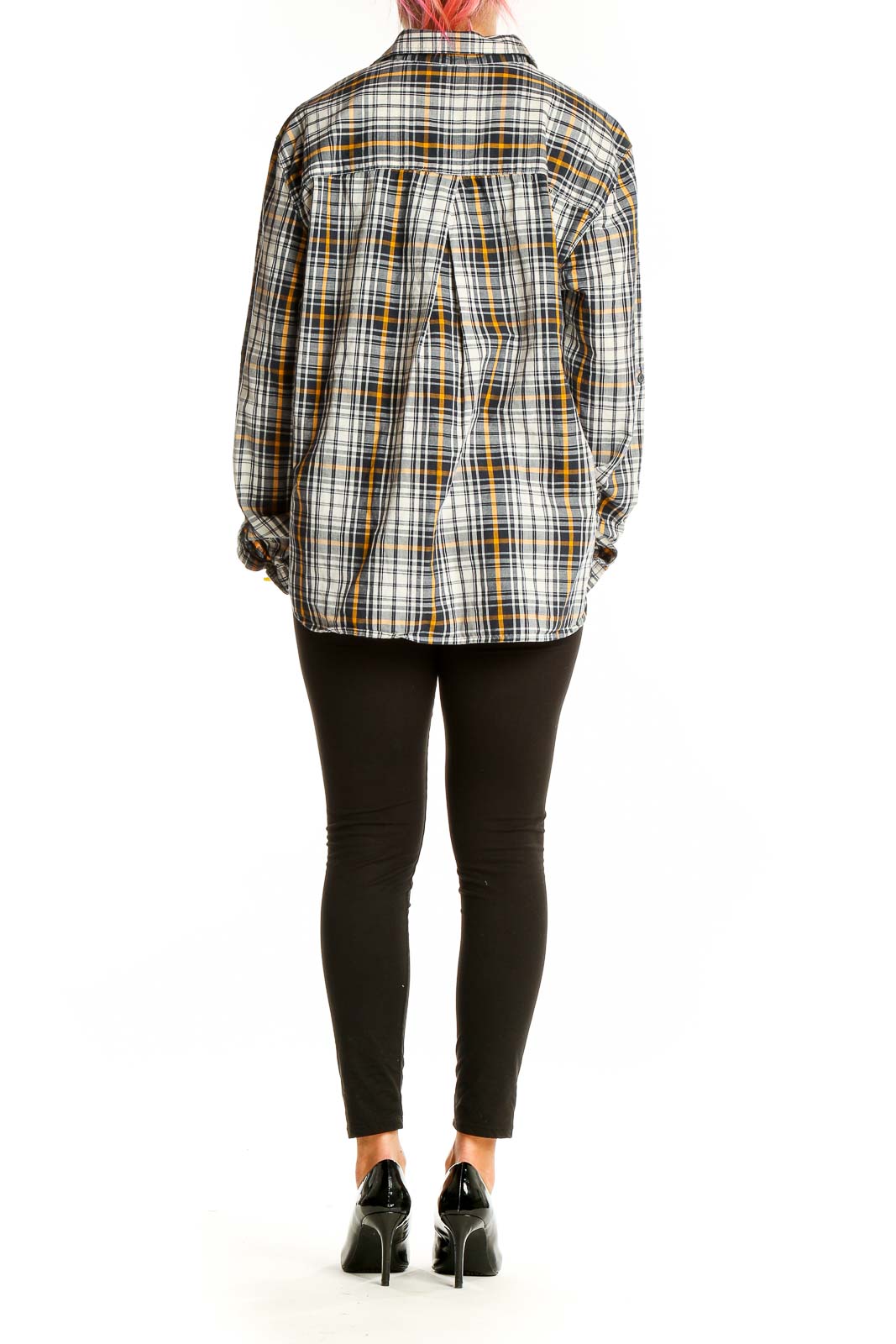 Back view of The North Face white and yellow plaid cotton shirt on model